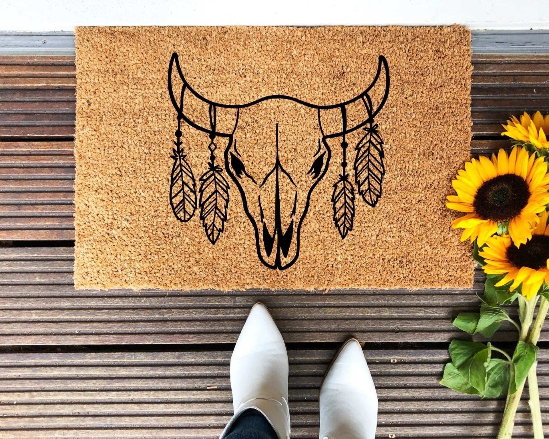 Cow Skull & Feathers bohemian farmhouse doormat with coir finish