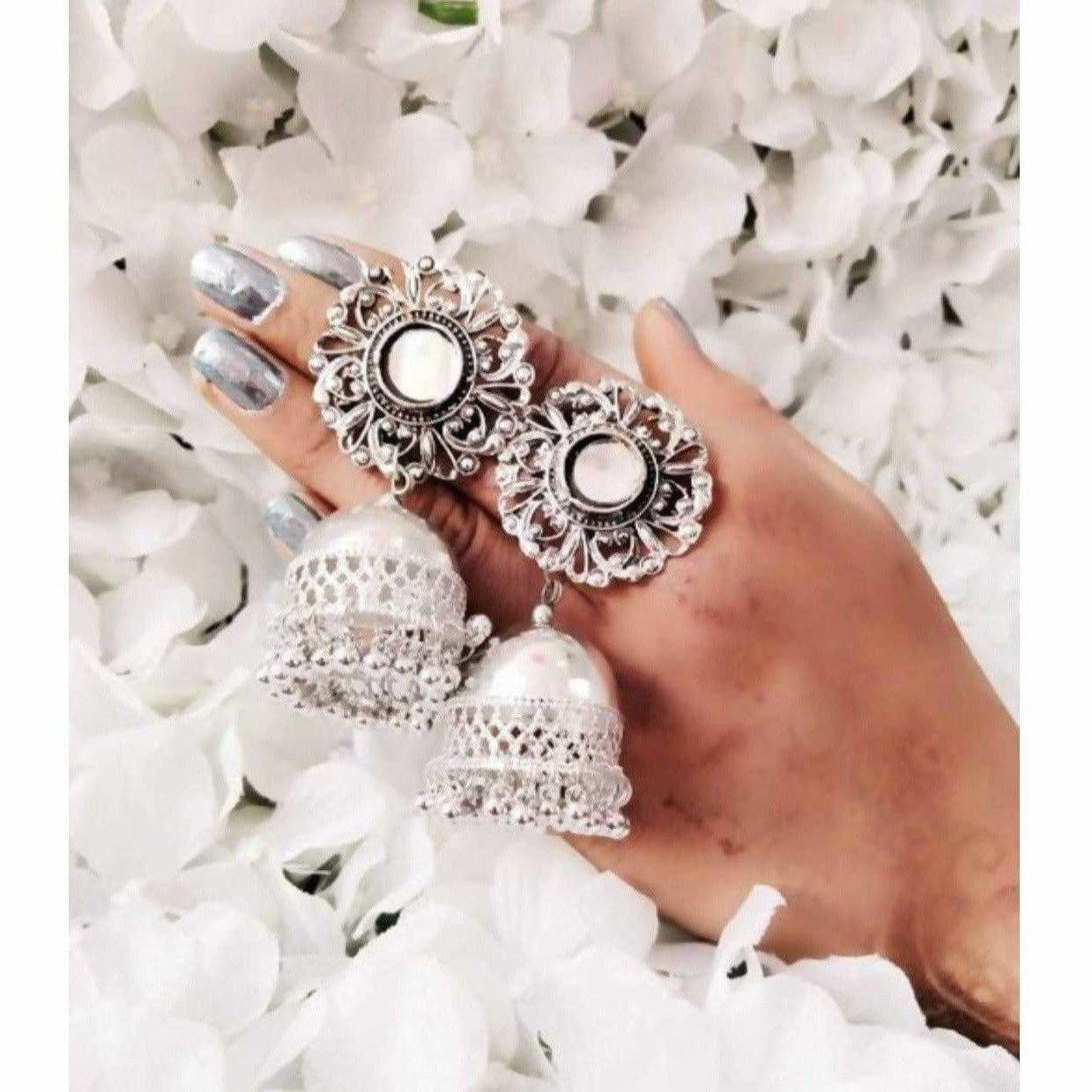 White flower design traditional hanging jhumka earrings
