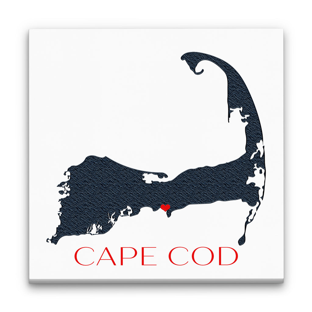 Customizable Cape Cod canvas silhouette map with a red heart location marker on a white wall background.