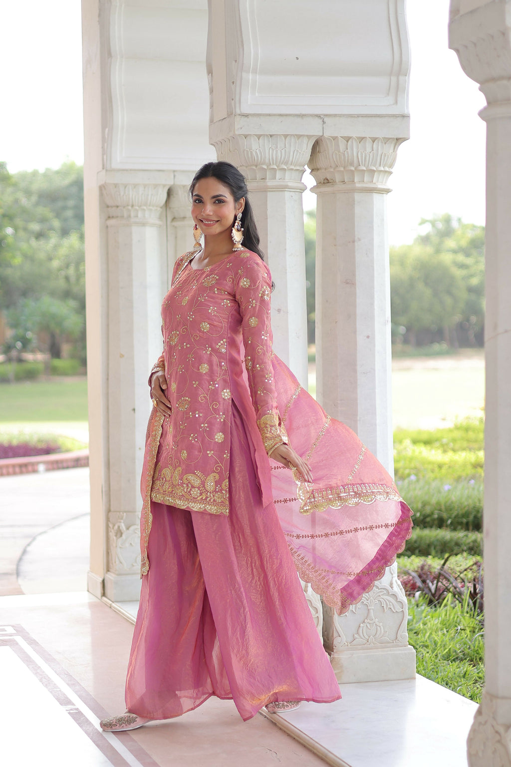 Pink Silk Readymade Kurta Set with Sequins Embroidery Work