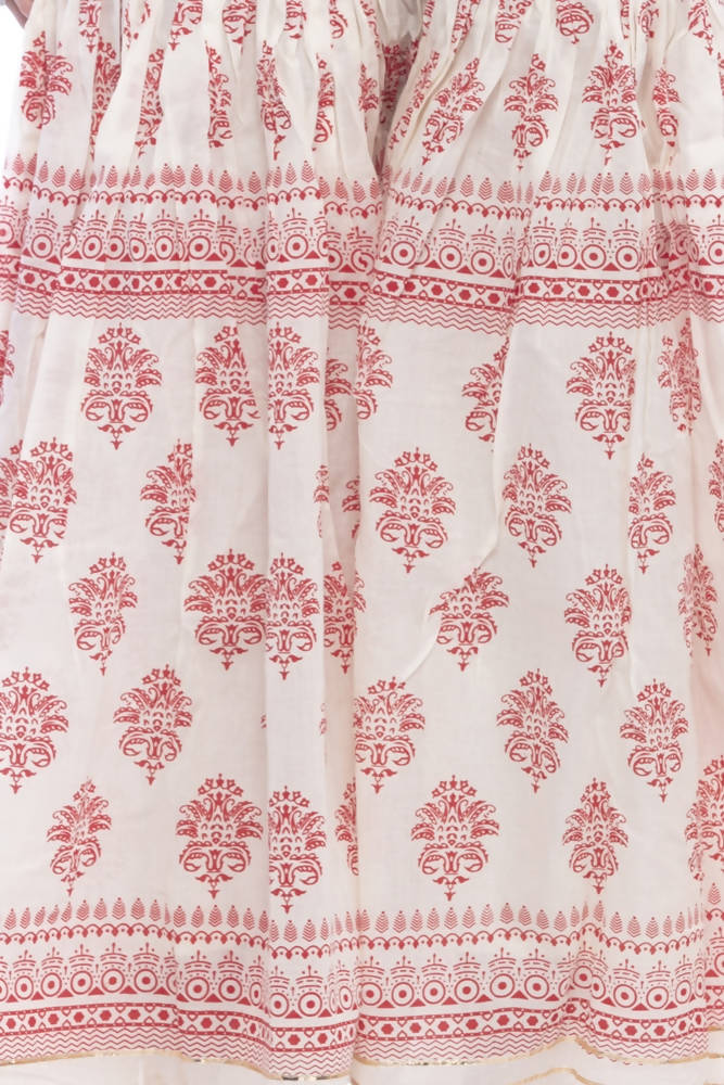 Cotton Block Print Palazzo Pants with Lace Work in Red