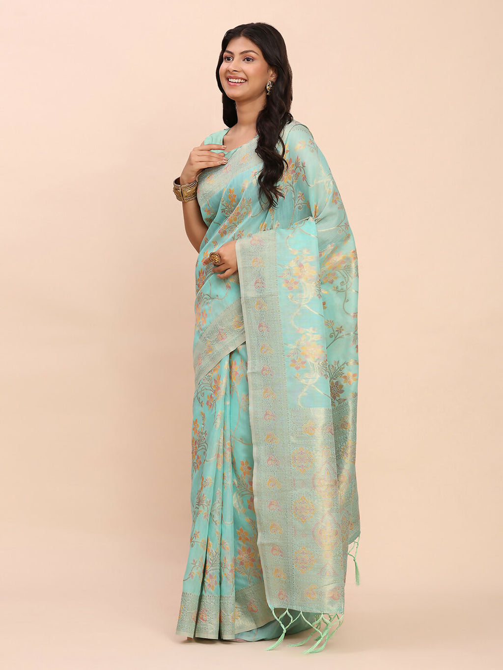Sea Green Linen Cotton Saree with Matching Blouse Piece