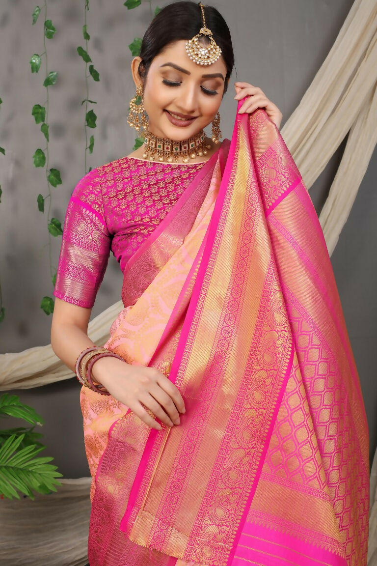 Peach Kanjivaram Silk Zari Woven Saree with Pink Blouse