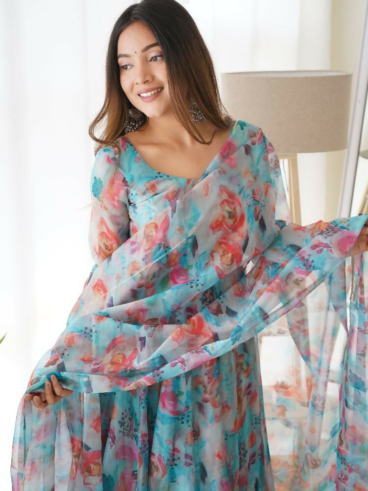 Sky Kurta Set in Organza with Sequin Embroidery and Cotton Bottom