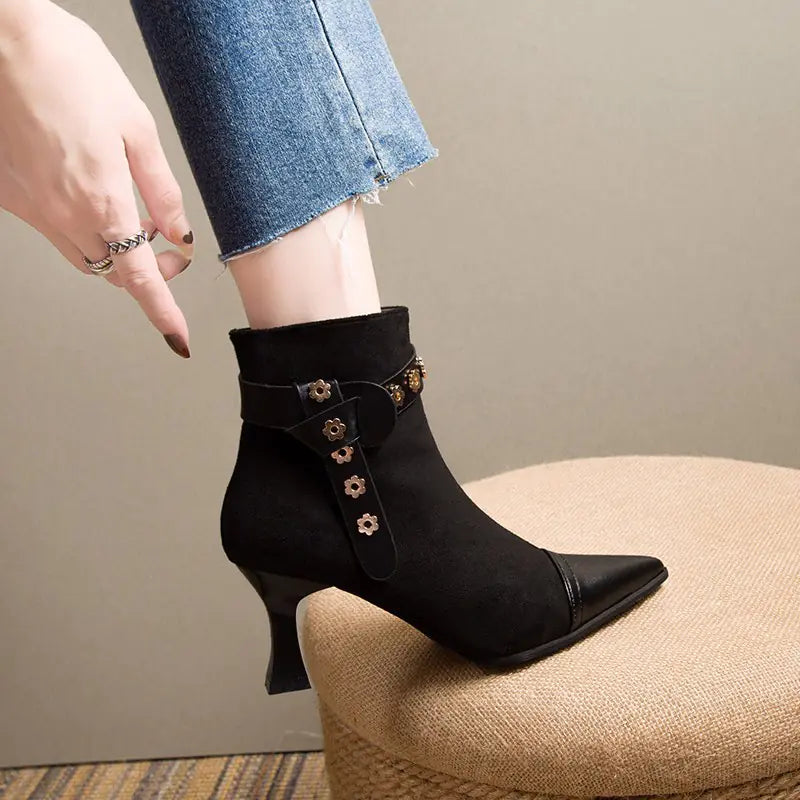 Women's Pointed Toe Ankle Boots with Flower Stud Detail - Image 7