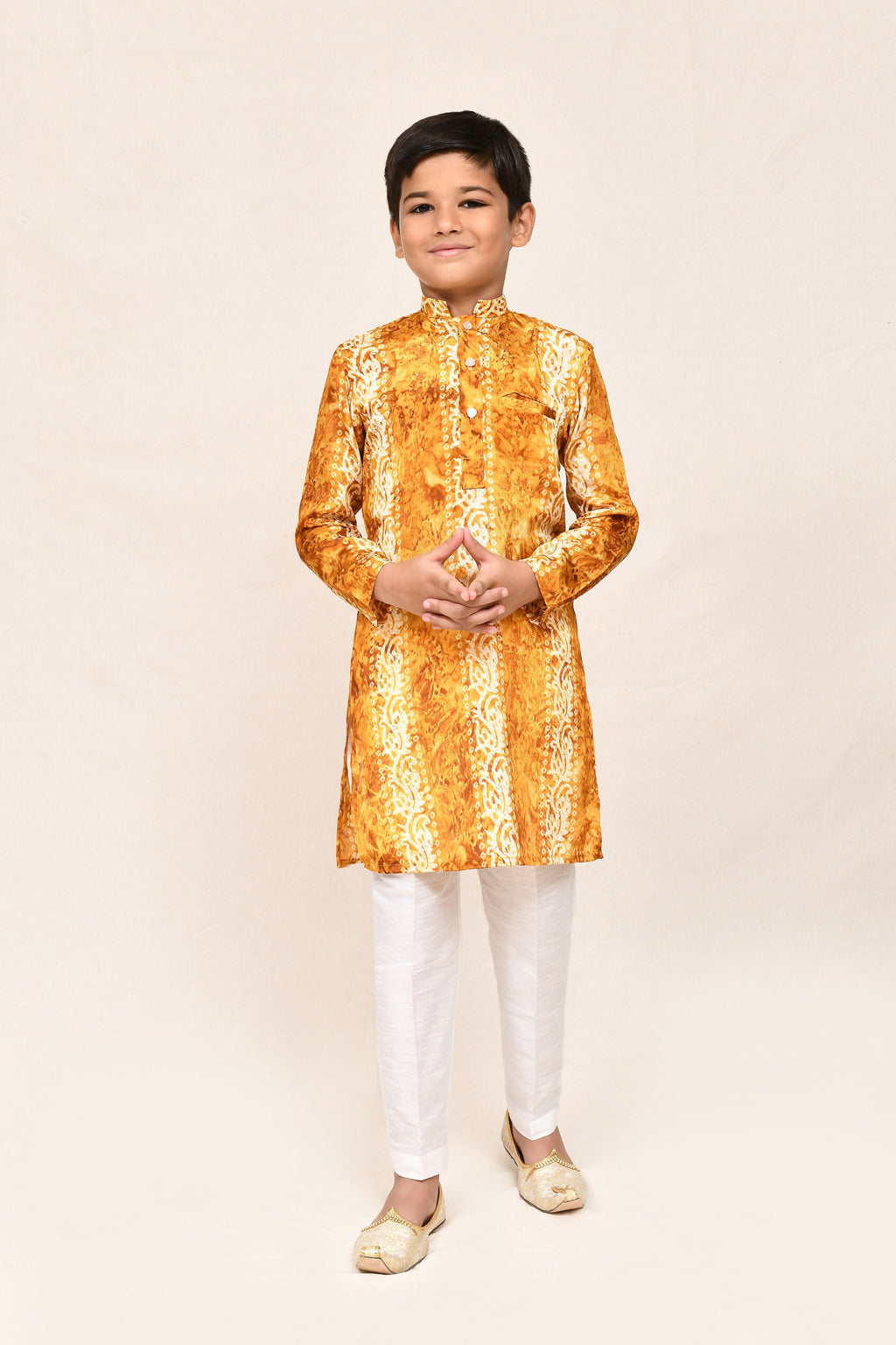 Kids Silk Mustard Kurta with White Straight Fit Pants