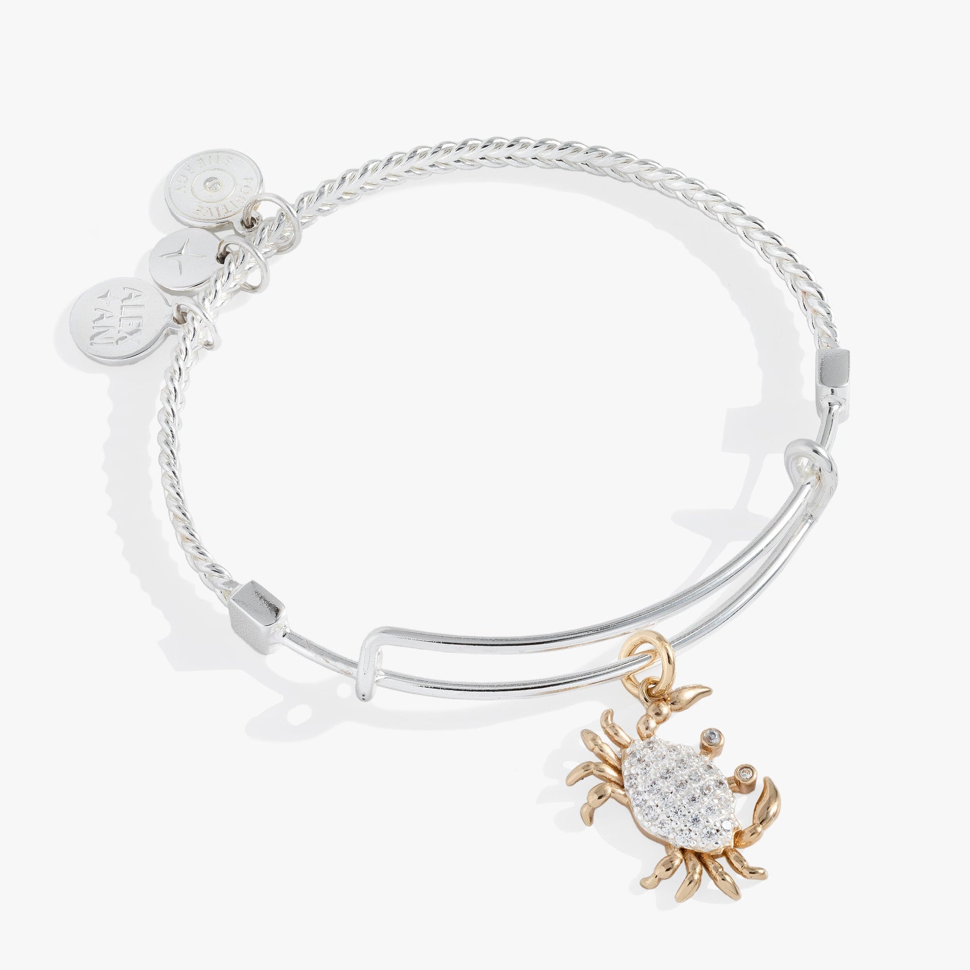 Two-tone silver and gold wire bangle featuring a crystal-encrusted crab charm