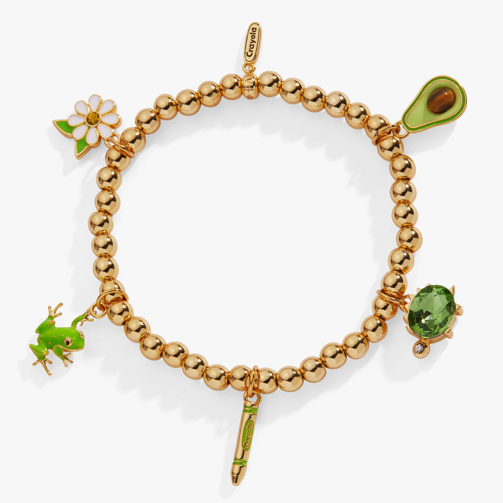 Alex And Ani Forest Green stretch charm bracelet featuring a frog, crayon, daisy with citrine, and peridot dino charm.
