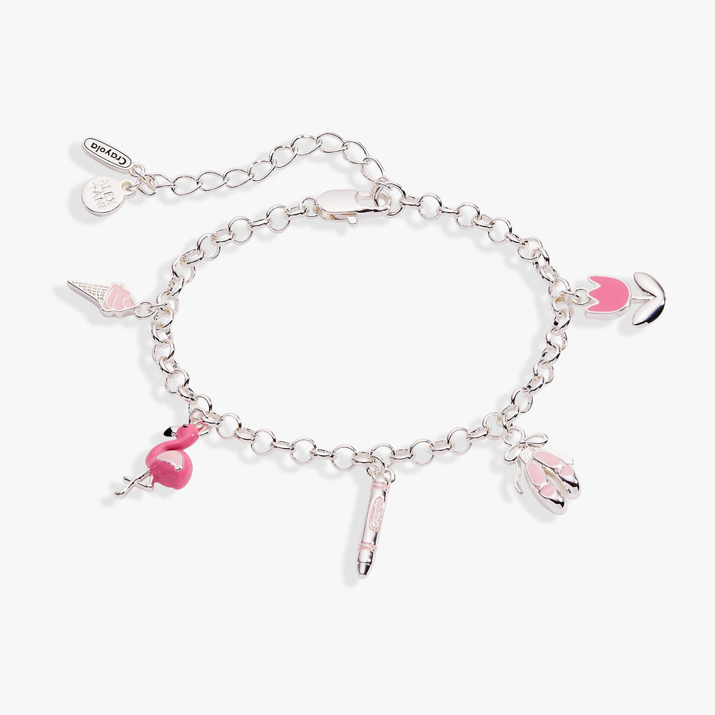 Tickle Me Pink charm bracelet featuring enamel flamingo, ballet slippers, ice cream, pencil, and tulip charms on a chain.