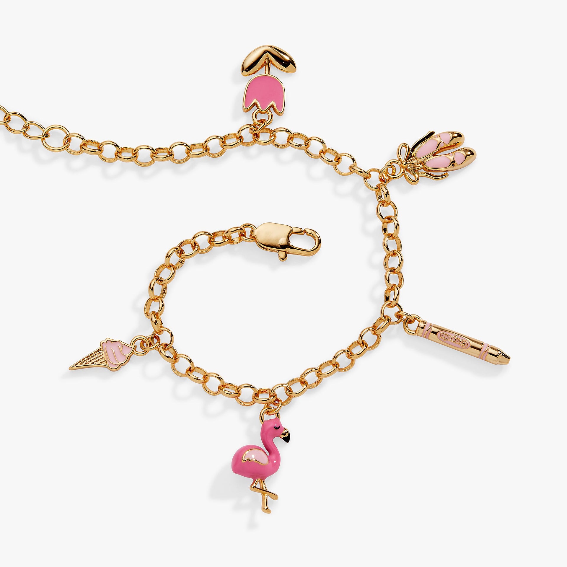 Tickle Me Pink Whimsical Charm Chain Bracelet with Enamel Charms