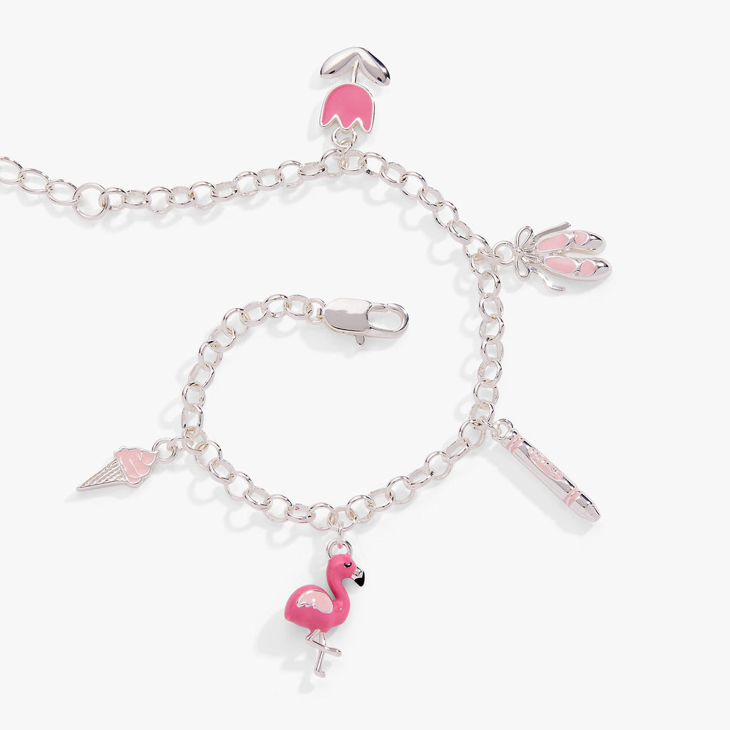 Tickle Me Pink Whimsical Charm Chain Bracelet with Enamel Charms