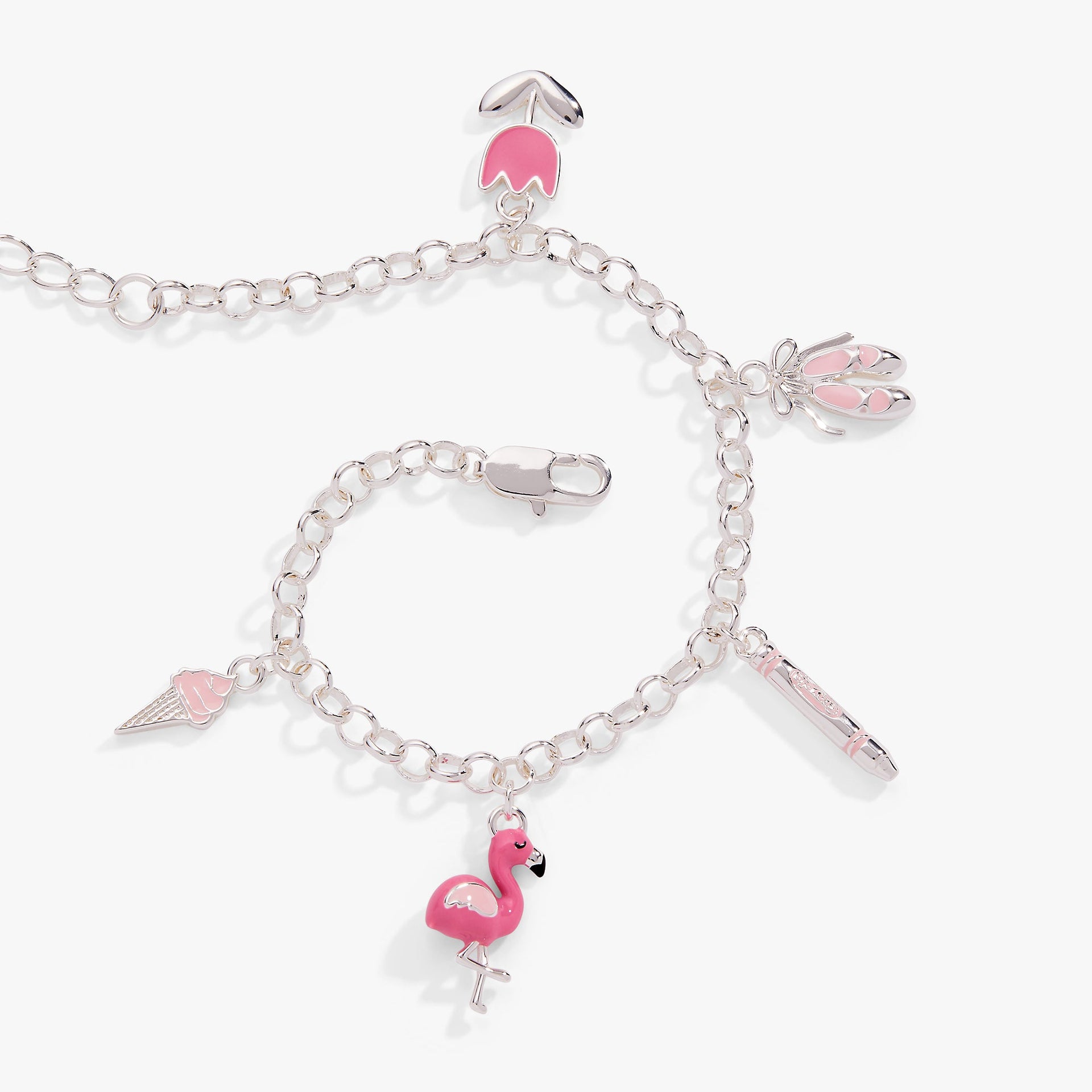 Tickle Me Pink Whimsical Charm Chain Bracelet with Enamel Charms