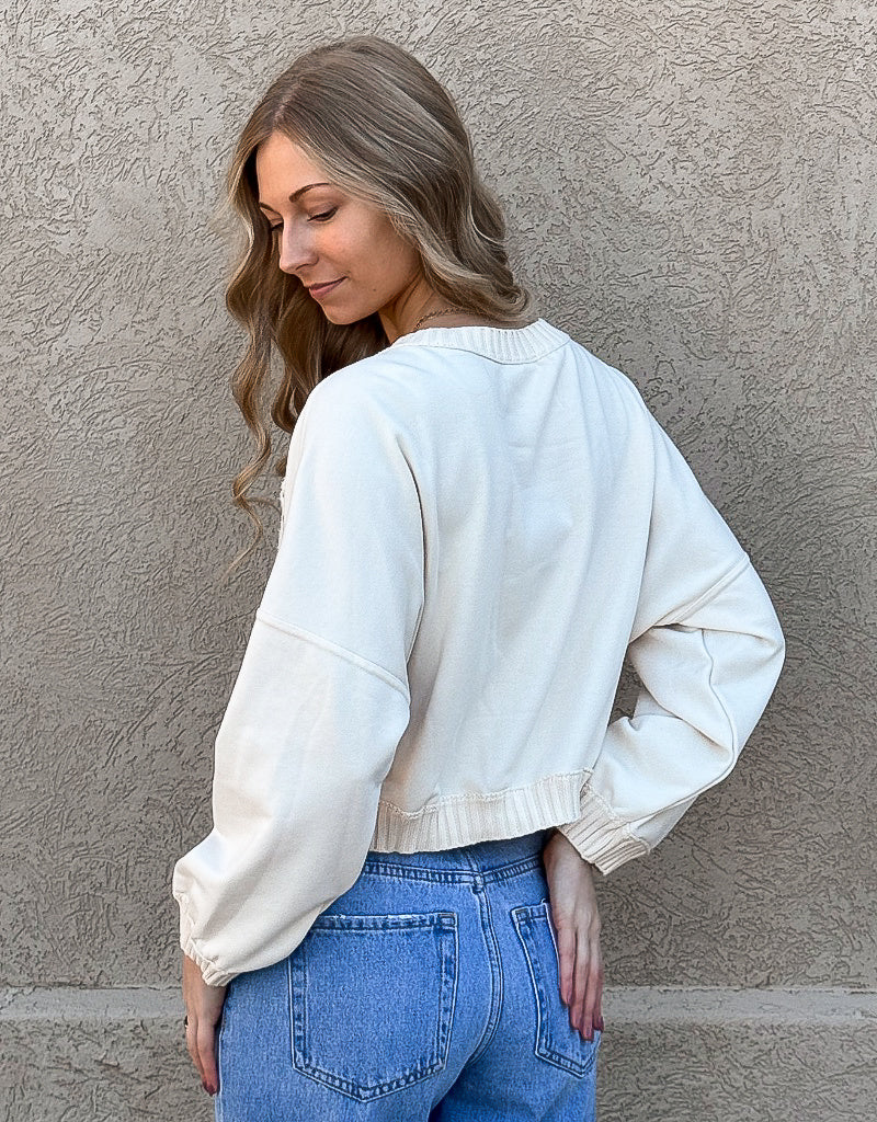 Cable Sweater Front Top in Oatmeal - Modern Cropped Knit Crewneck
