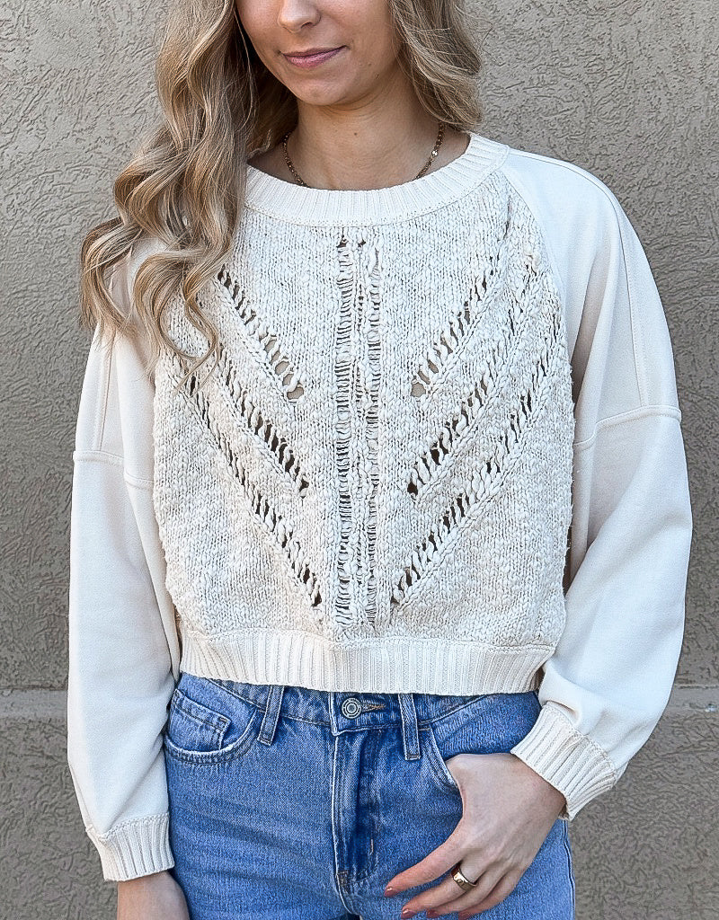 Cable Sweater Front Top in Oatmeal - Modern Cropped Knit Crewneck