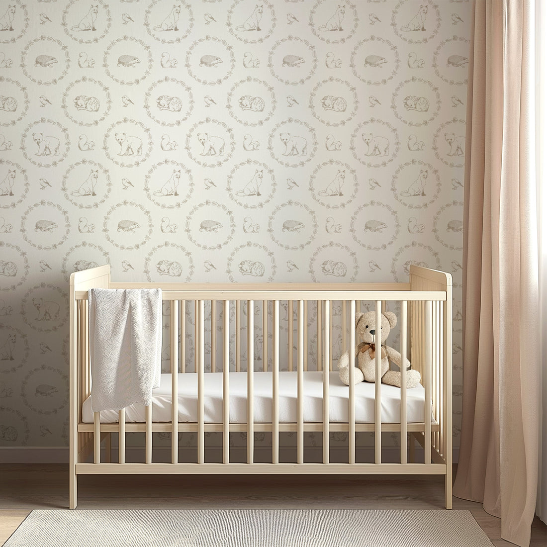 Covey Woodland Wallpaper in Sage Green and Cream for Nursery