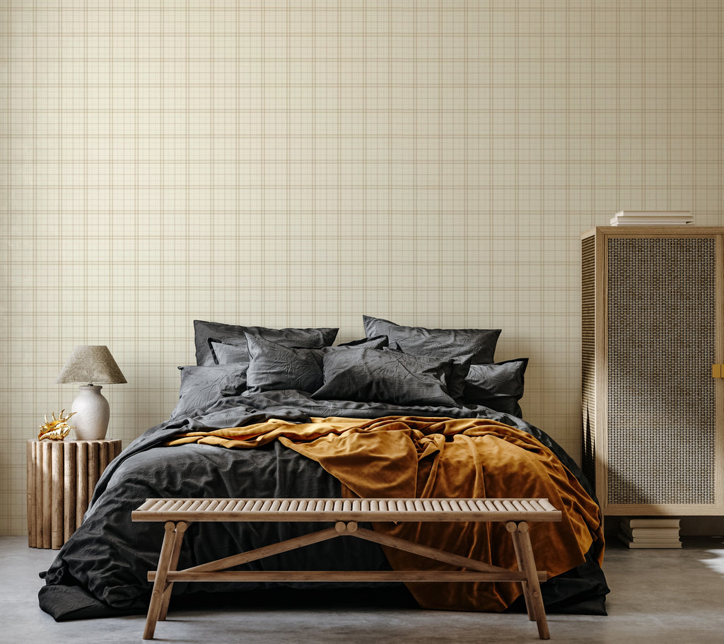 Alcott Plaid Wallpaper in Olive Green and Cream Farmhouse