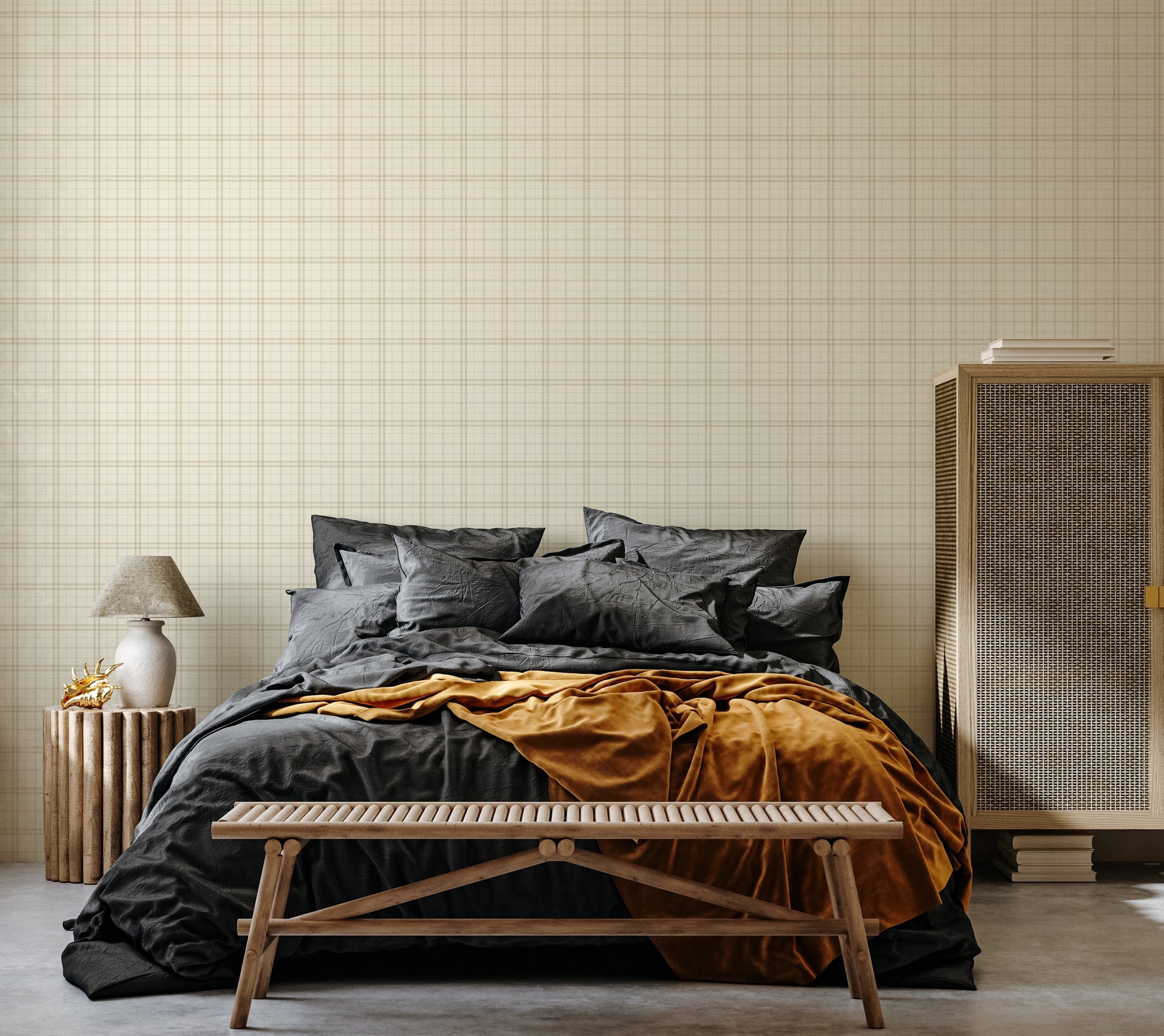 Alcott Plaid Wallpaper in Olive Green and Cream Farmhouse