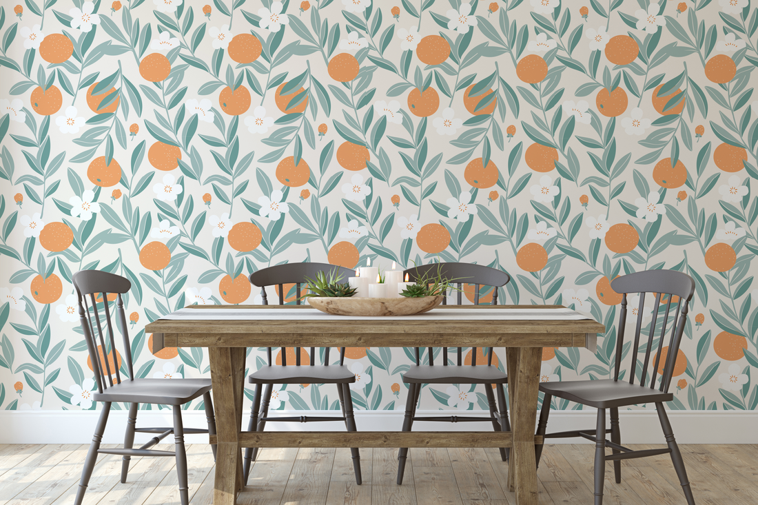Talia Floral Removable Wallpaper in Orange, Green, and Cream