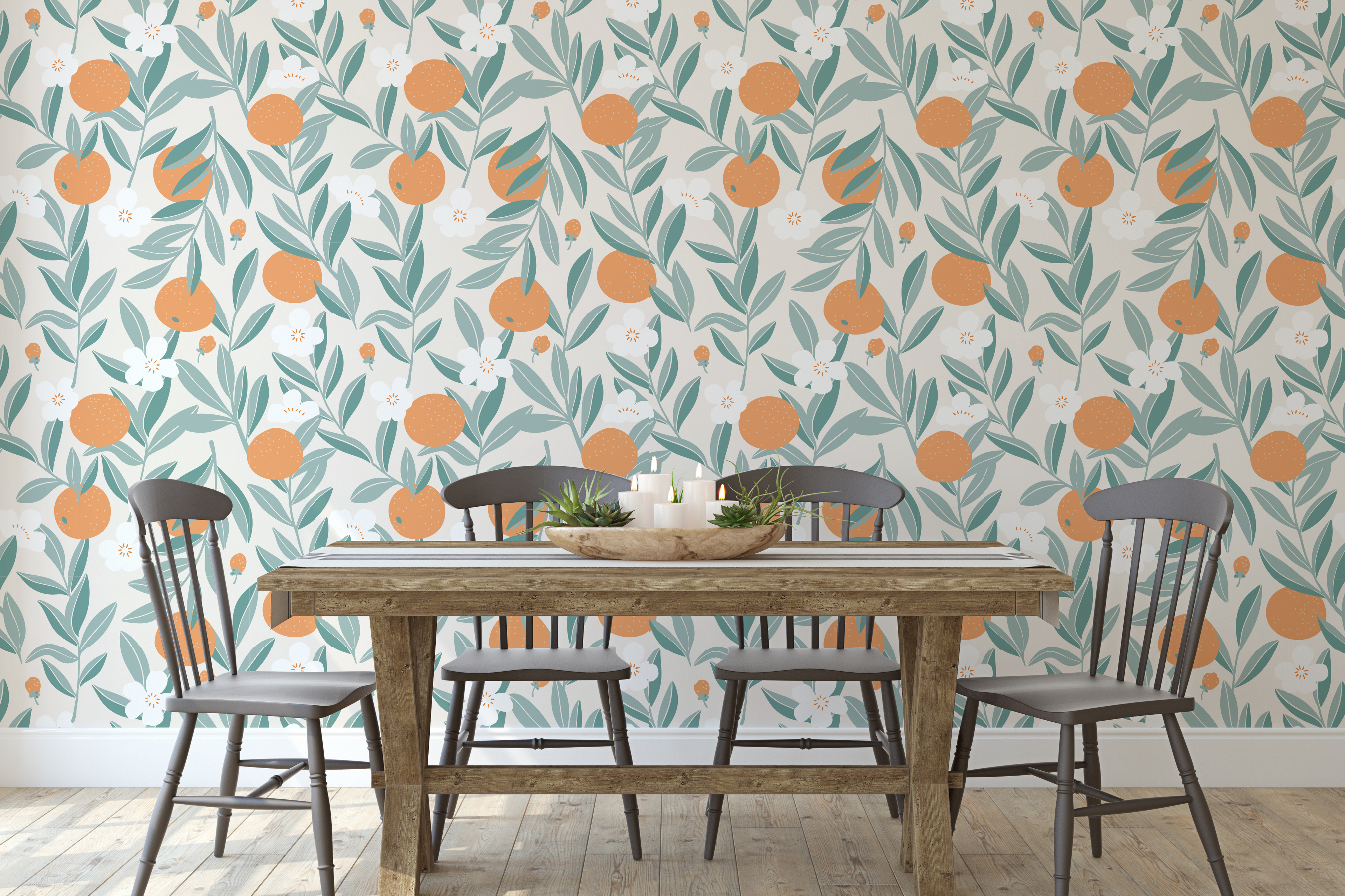 Talia Floral Removable Wallpaper in Orange, Green, and Cream