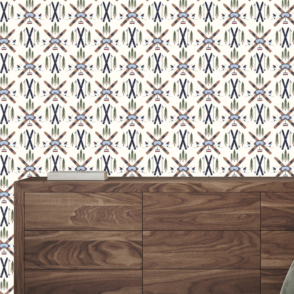 Slopes Geometric Wallpaper in Navy, Brown and Light-Blue