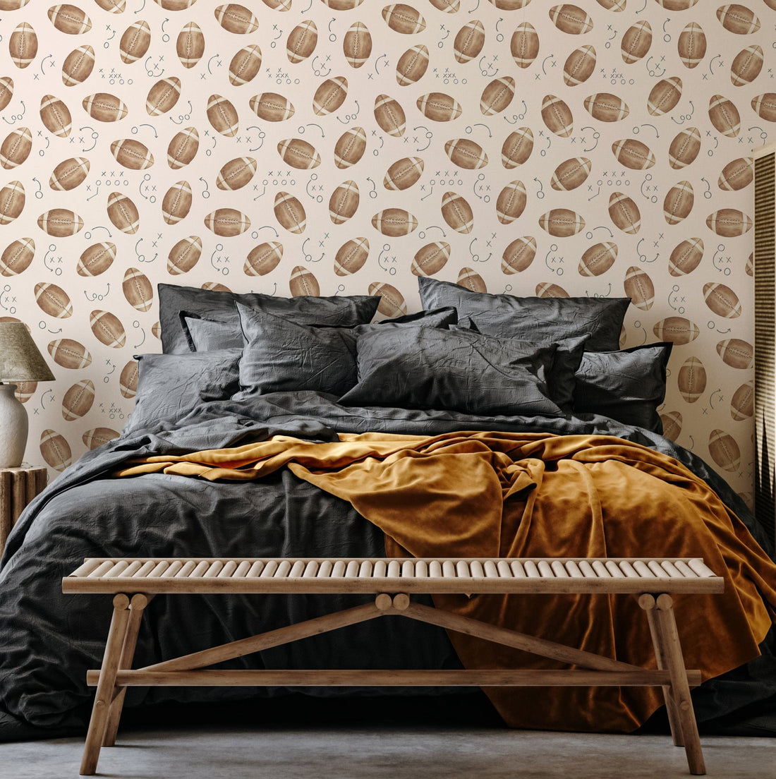 Sporty, masculine themed wallpaper in navy, grey, green, brown, and white.