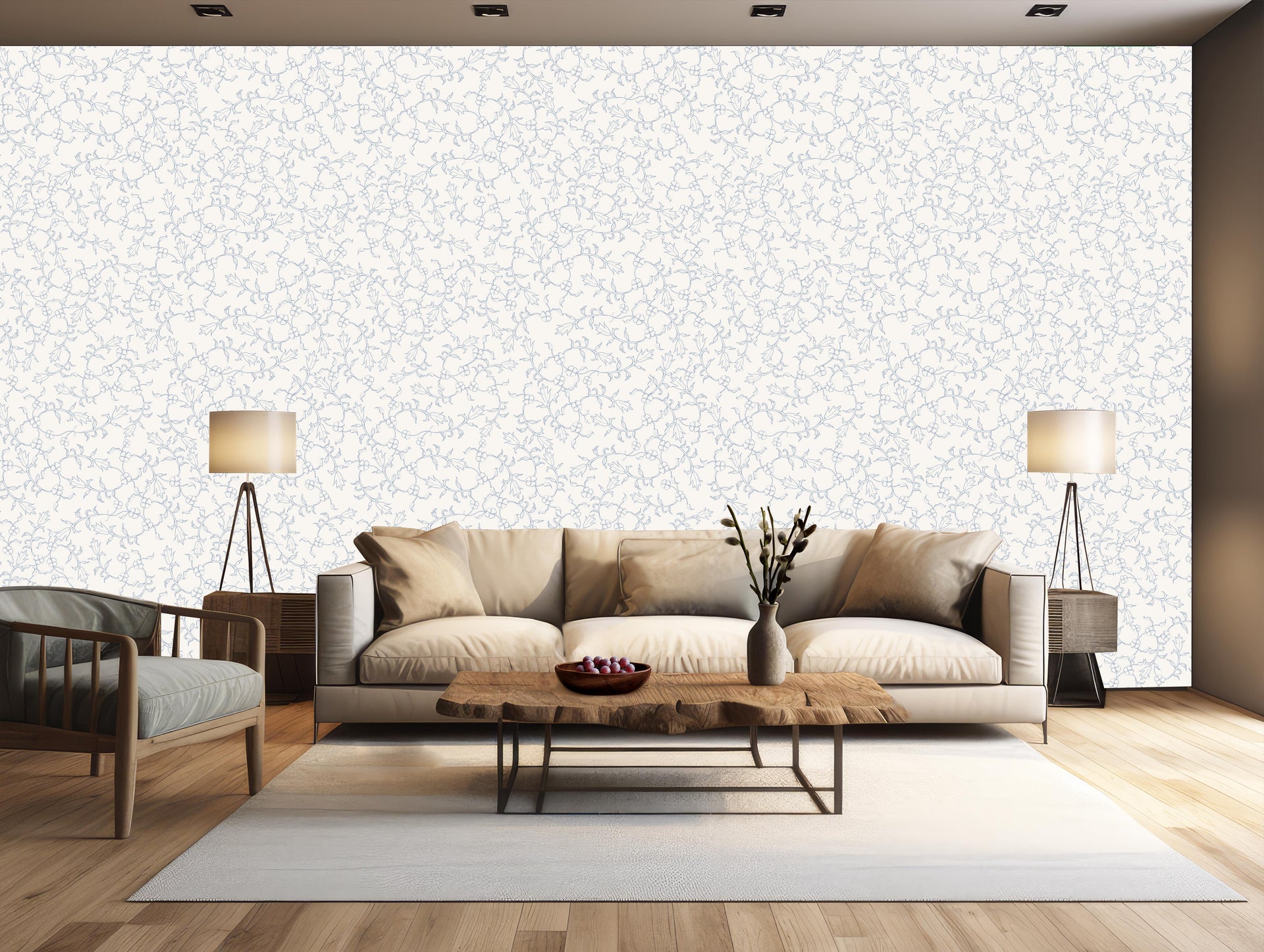 Maeva Floral Wallpaper in Beige, Blue-Gray and Off-White