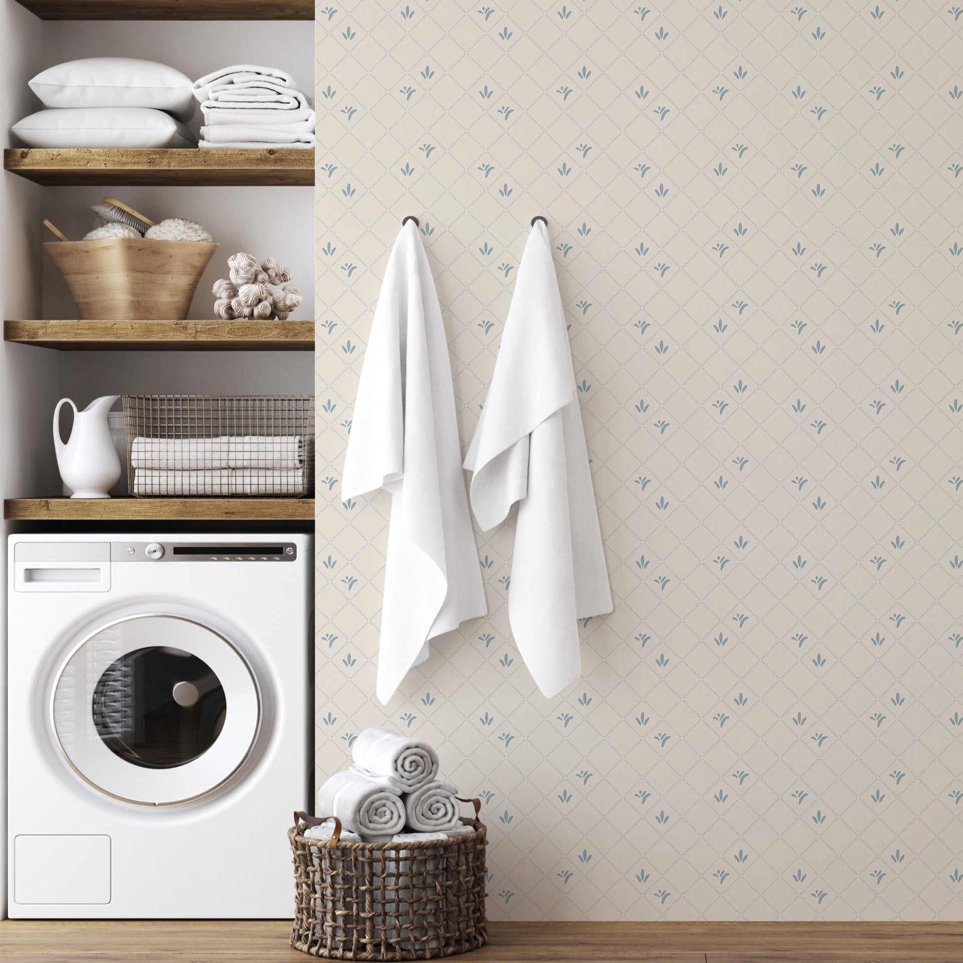Georgie geometric pattern wallpaper in sage green, cream, and off-white.