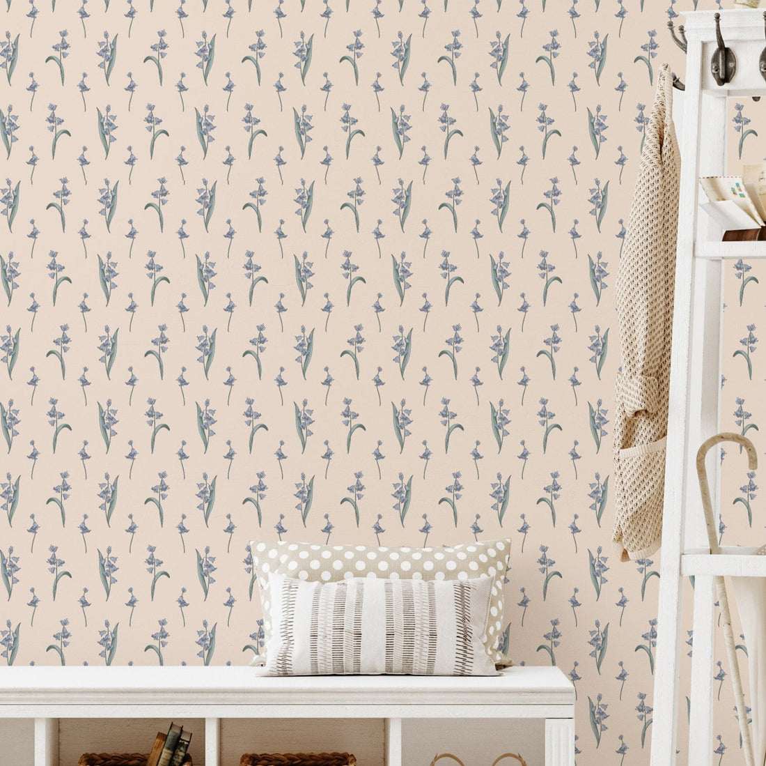 Cottagecore floral wallpaper in beige, pale blue, and green patterns