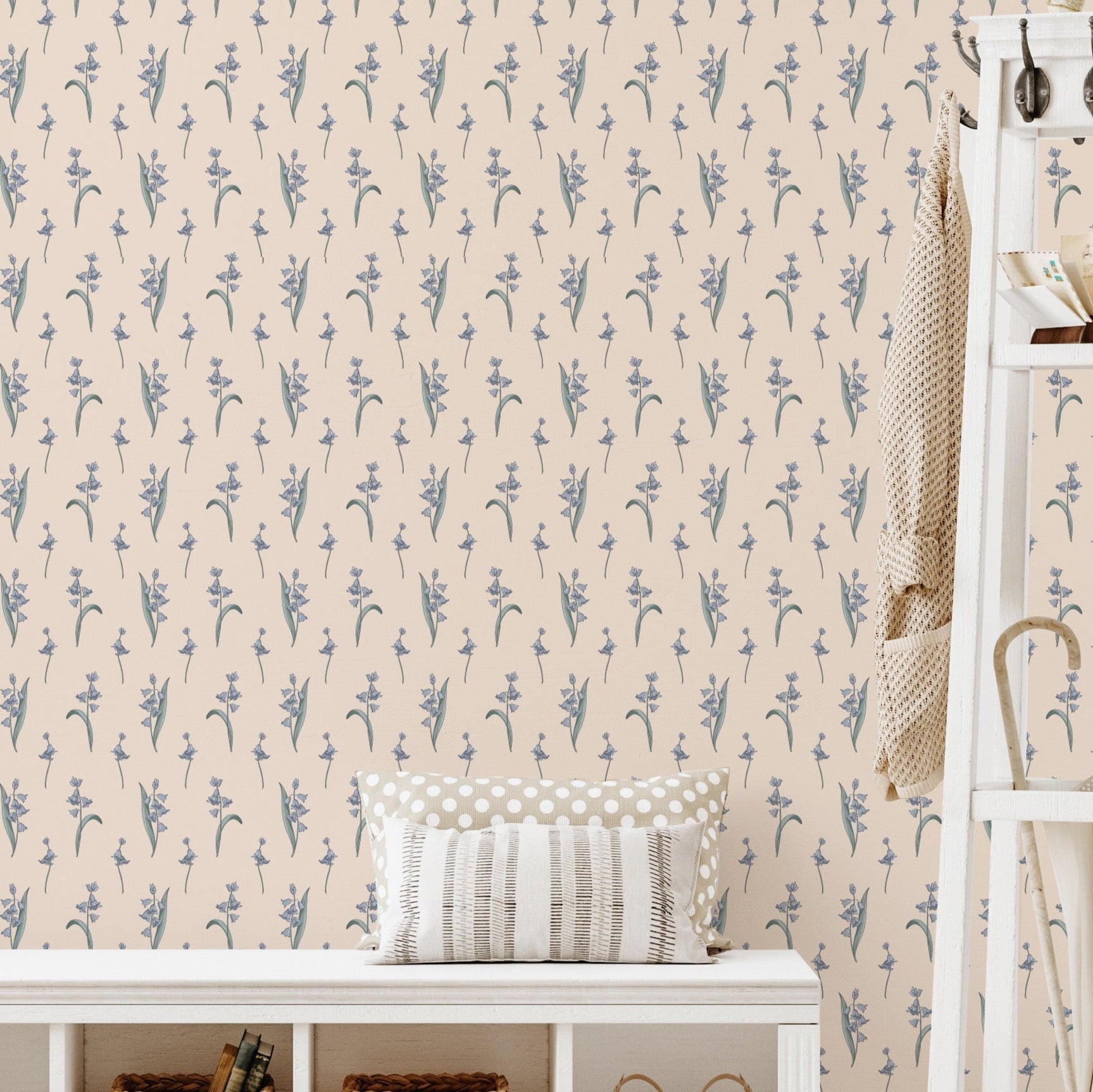 Cottagecore floral wallpaper in beige, pale blue, and green patterns