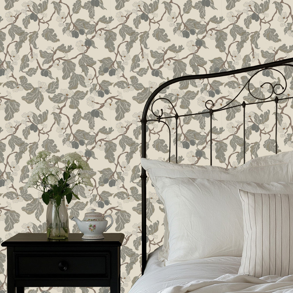 Rhodes Floral Wallpaper, Sage-Green and Brown Traditional Cottagecore