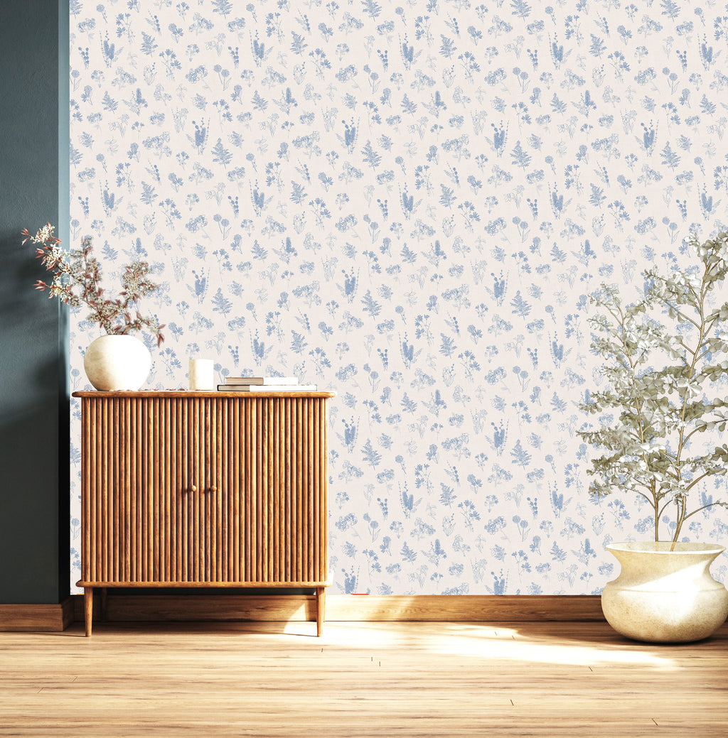 Everette Floral Wallpaper in Blue, White and Beige
