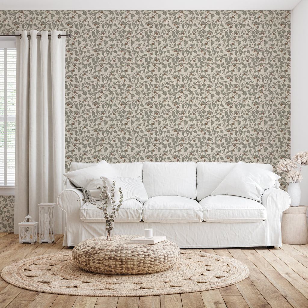 Rhodes Floral Wallpaper, Sage-Green and Brown Traditional Cottagecore