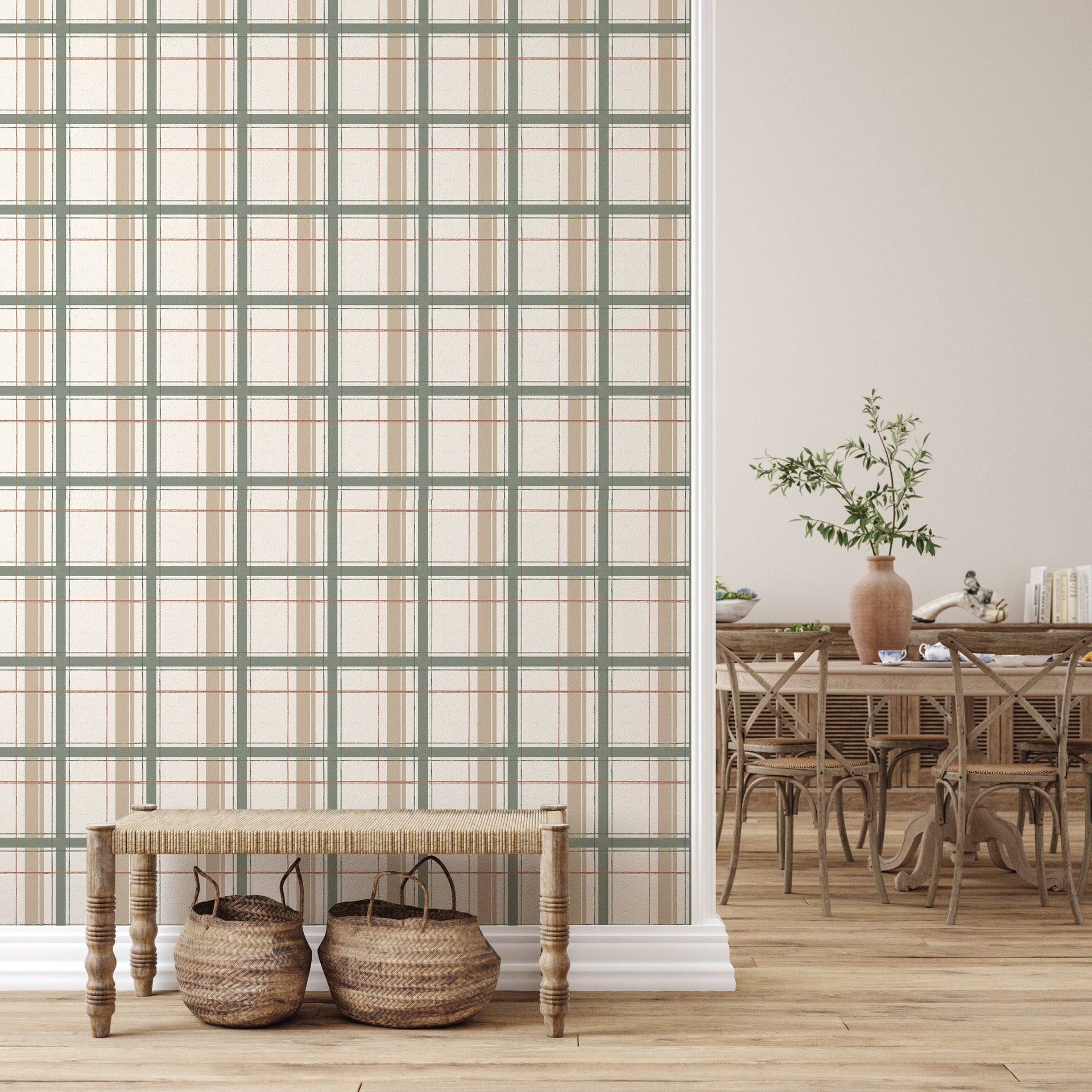 Grady Plaid Wallpaper in Green and Brown for Traditional Decor