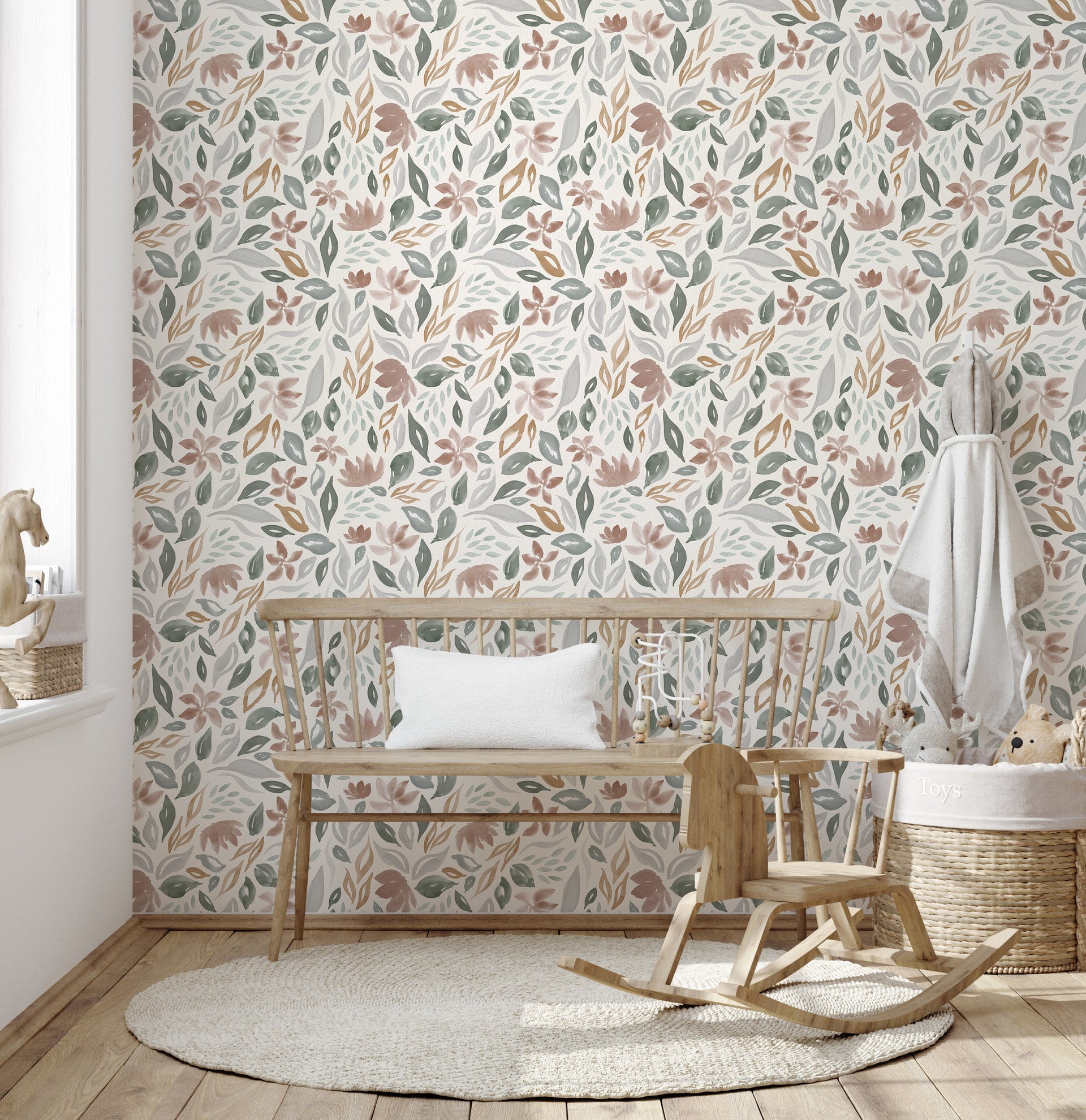 Daley floral wallpaper in terracotta, sage-green, and taupe.
