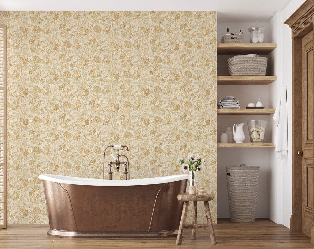 Camila Floral Wallpaper, Dark-Green, Gold and Terracotta