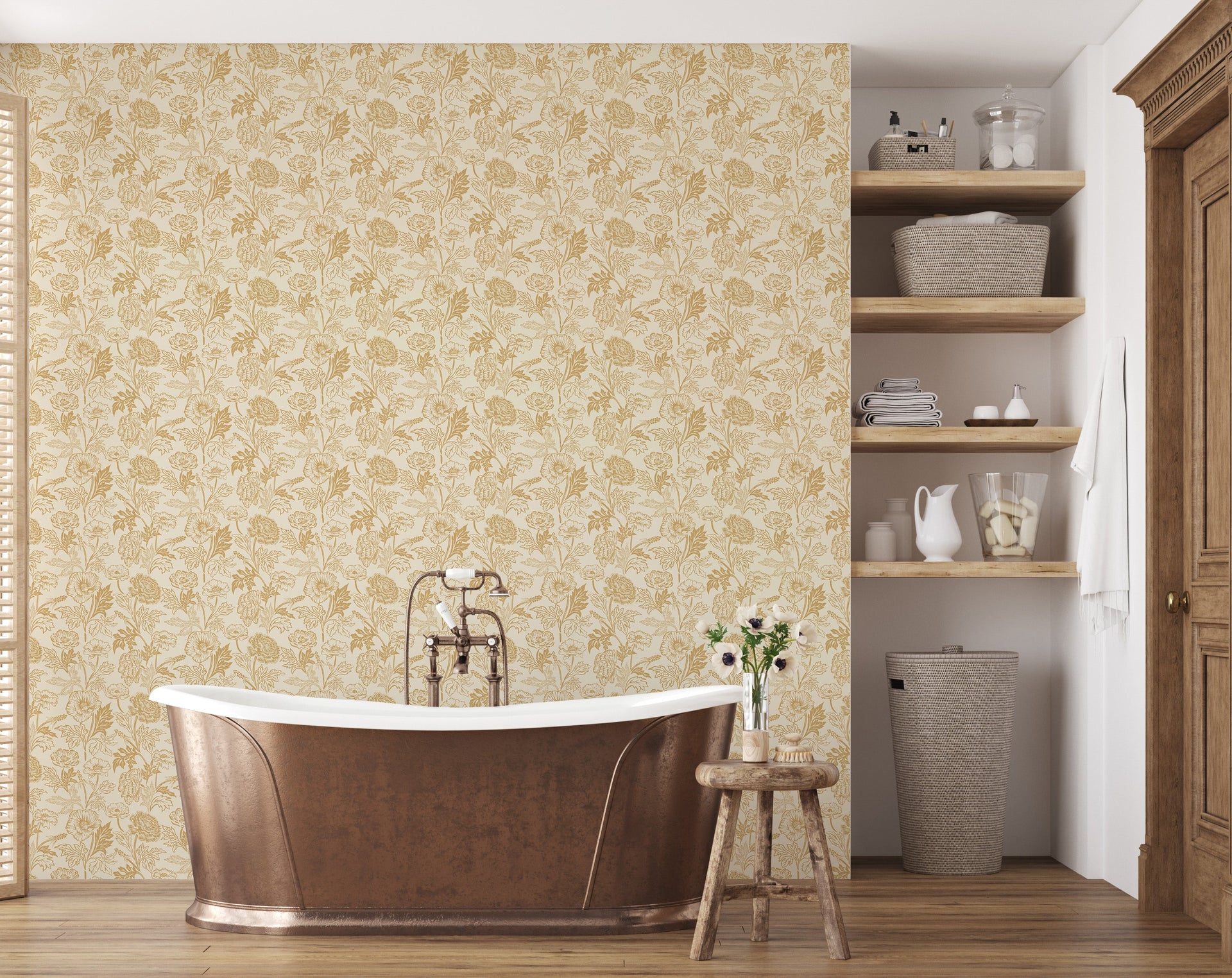 Camila Floral Wallpaper, Dark-Green, Gold and Terracotta