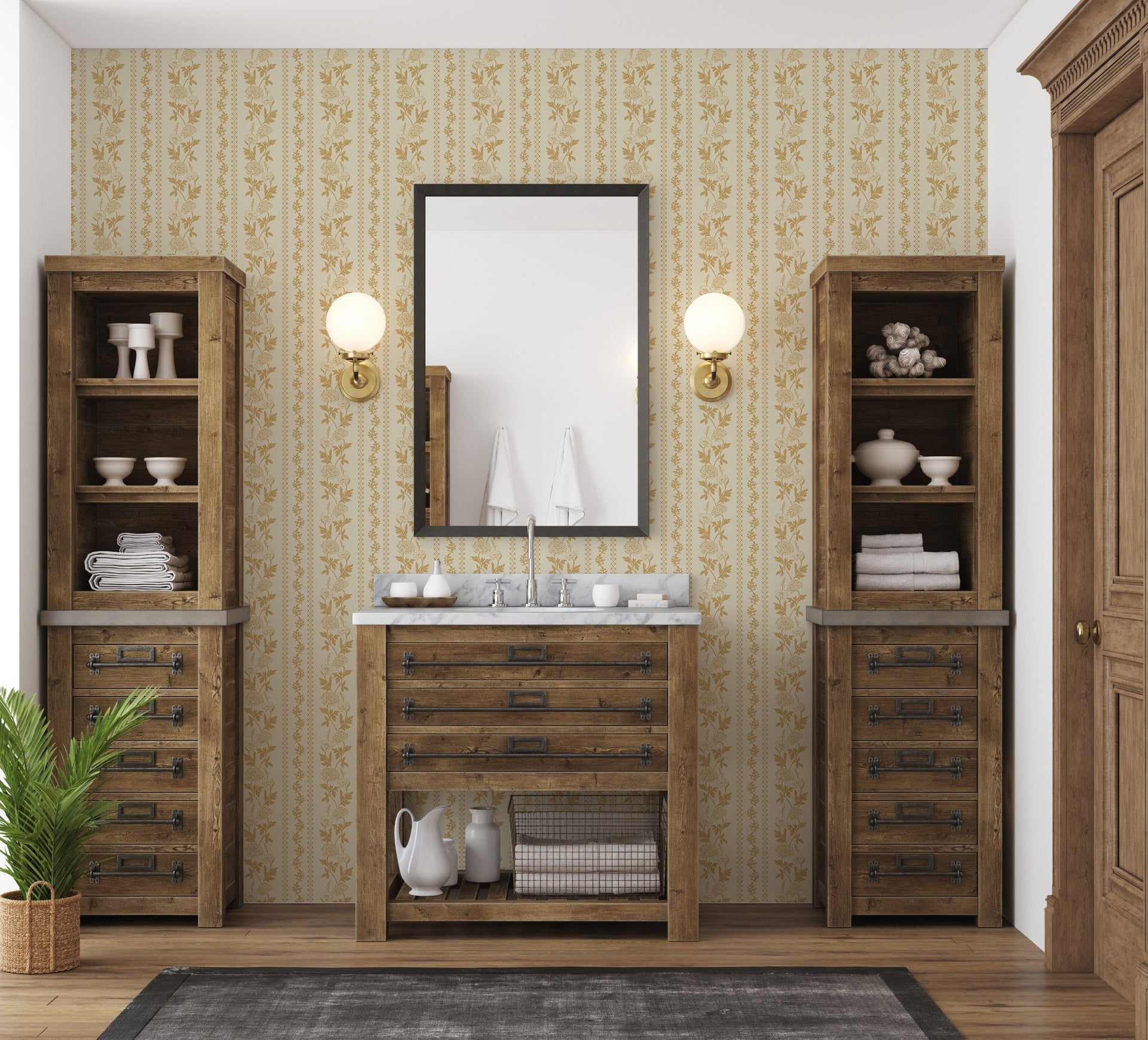 Marisol Floral Wallpaper in Green, Gold, Cream and Rose