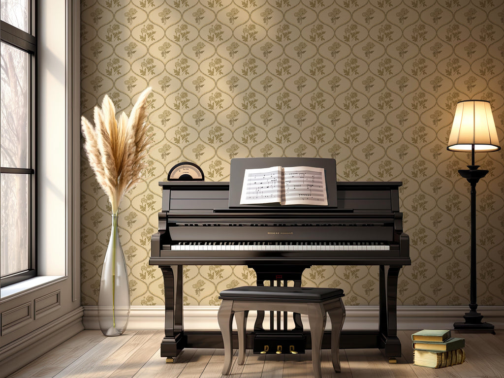 Avenly Vintage Floral Wallpaper, Sage-Green and Terracotta