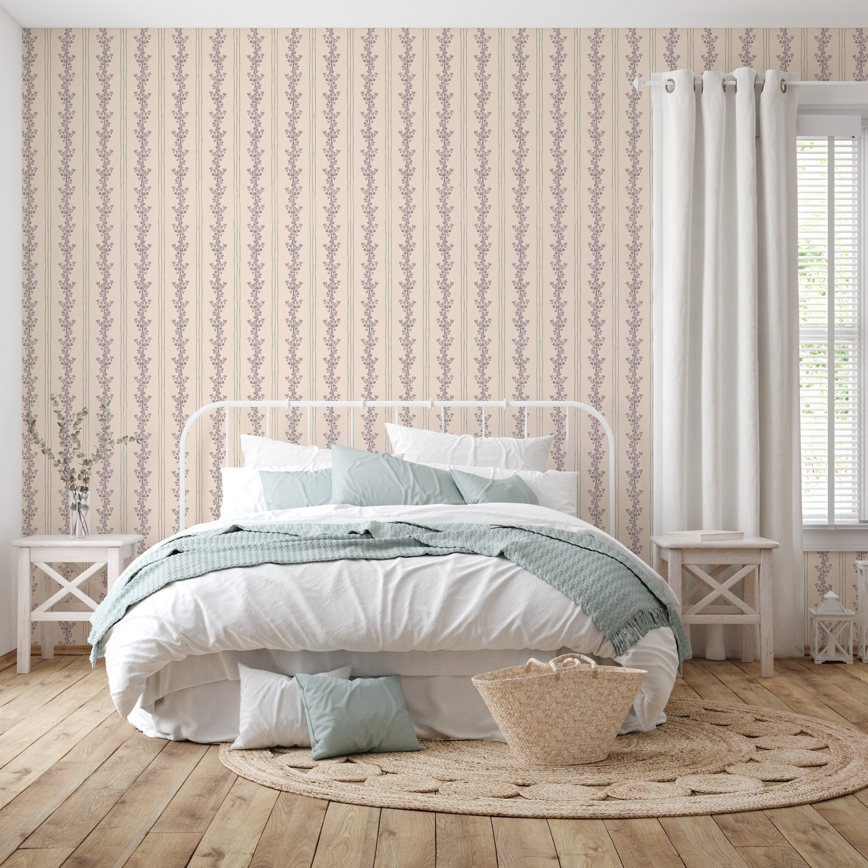 Janie Floral Wallpaper in Blue, White, Charcoal, and Cream