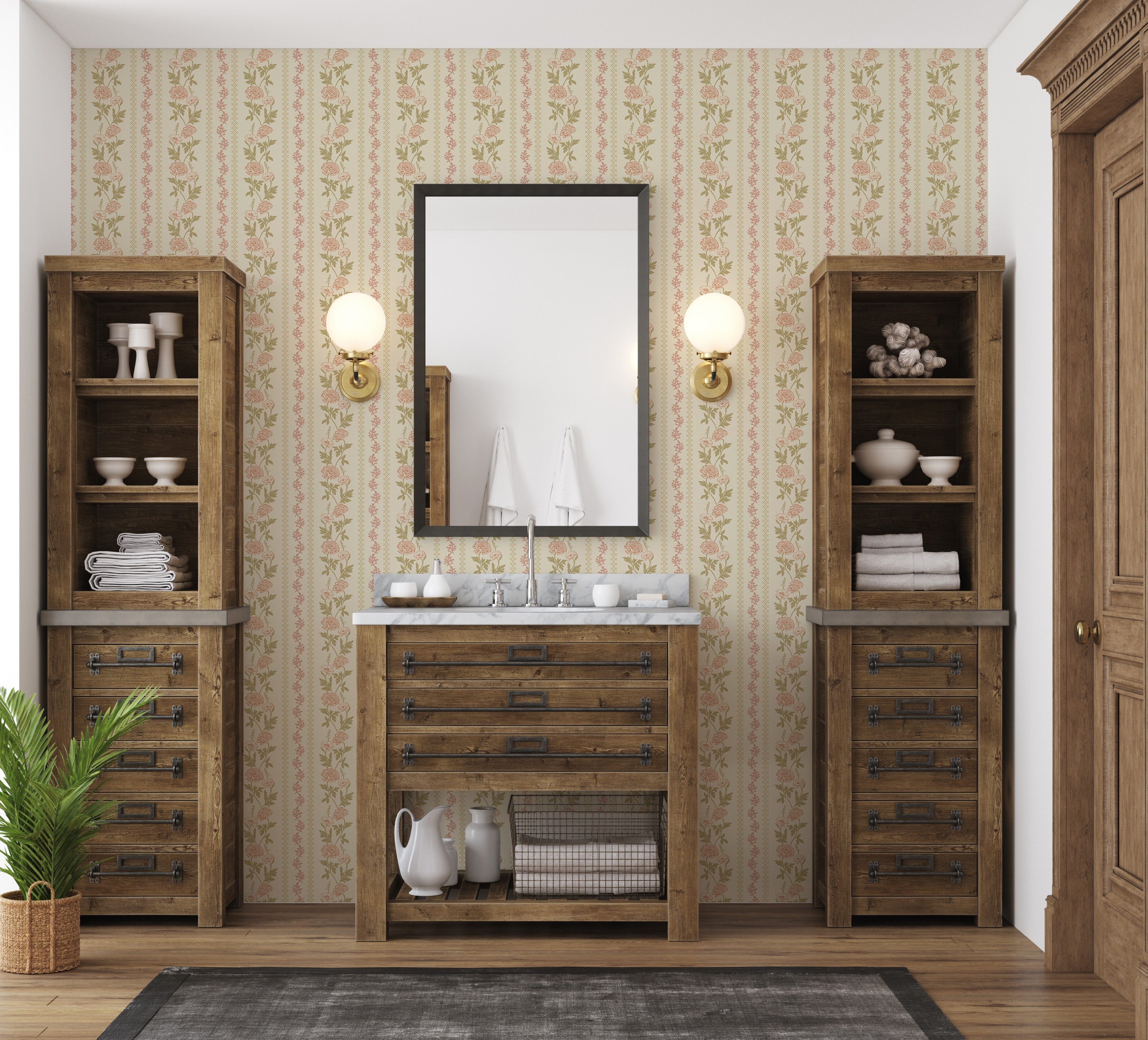 Marisol Floral Wallpaper in Green, Gold, Cream and Rose