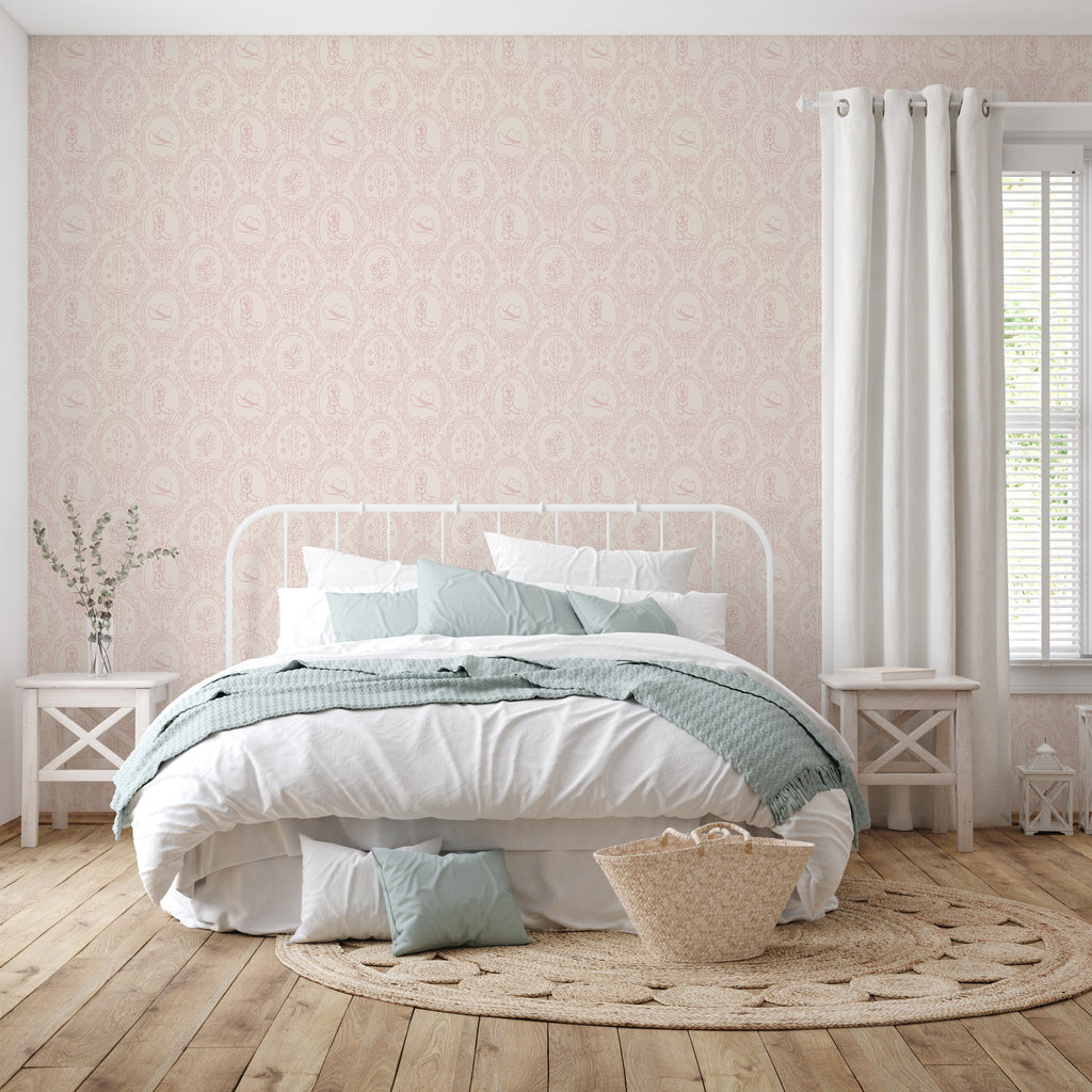 Laramie Wallpaper in Pink, Blue and Sage-Green Western-Whimsy