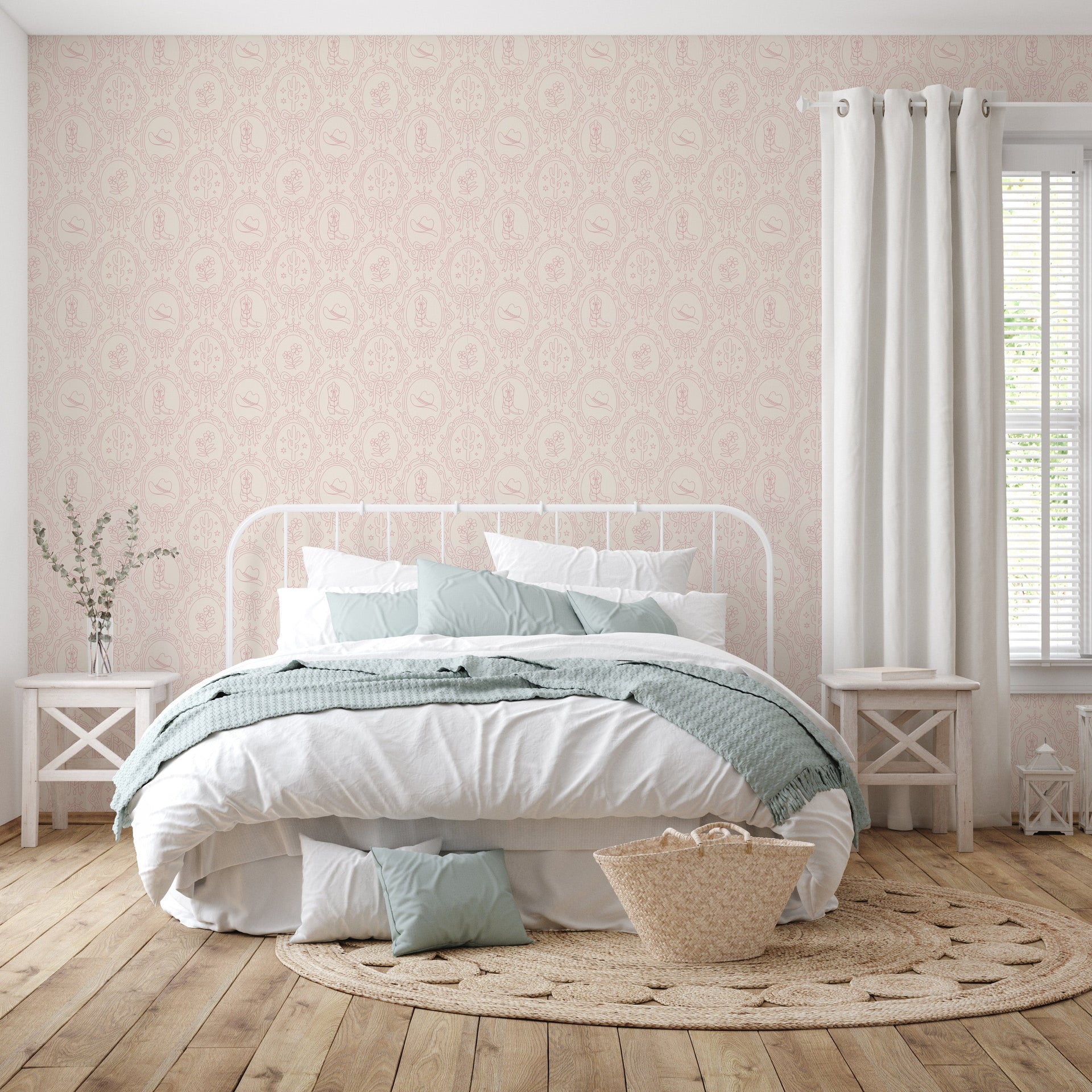 Laramie Wallpaper in Pink, Blue and Sage-Green Western-Whimsy