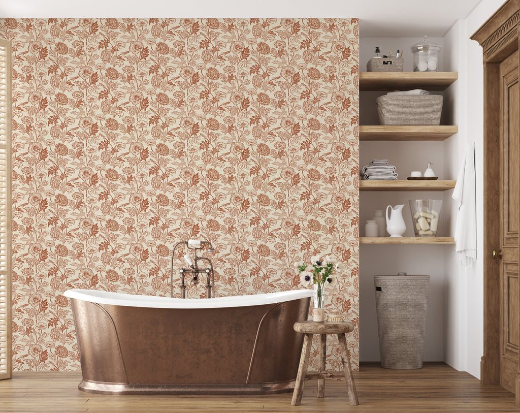 Camila Floral Wallpaper, Dark-Green, Gold and Terracotta