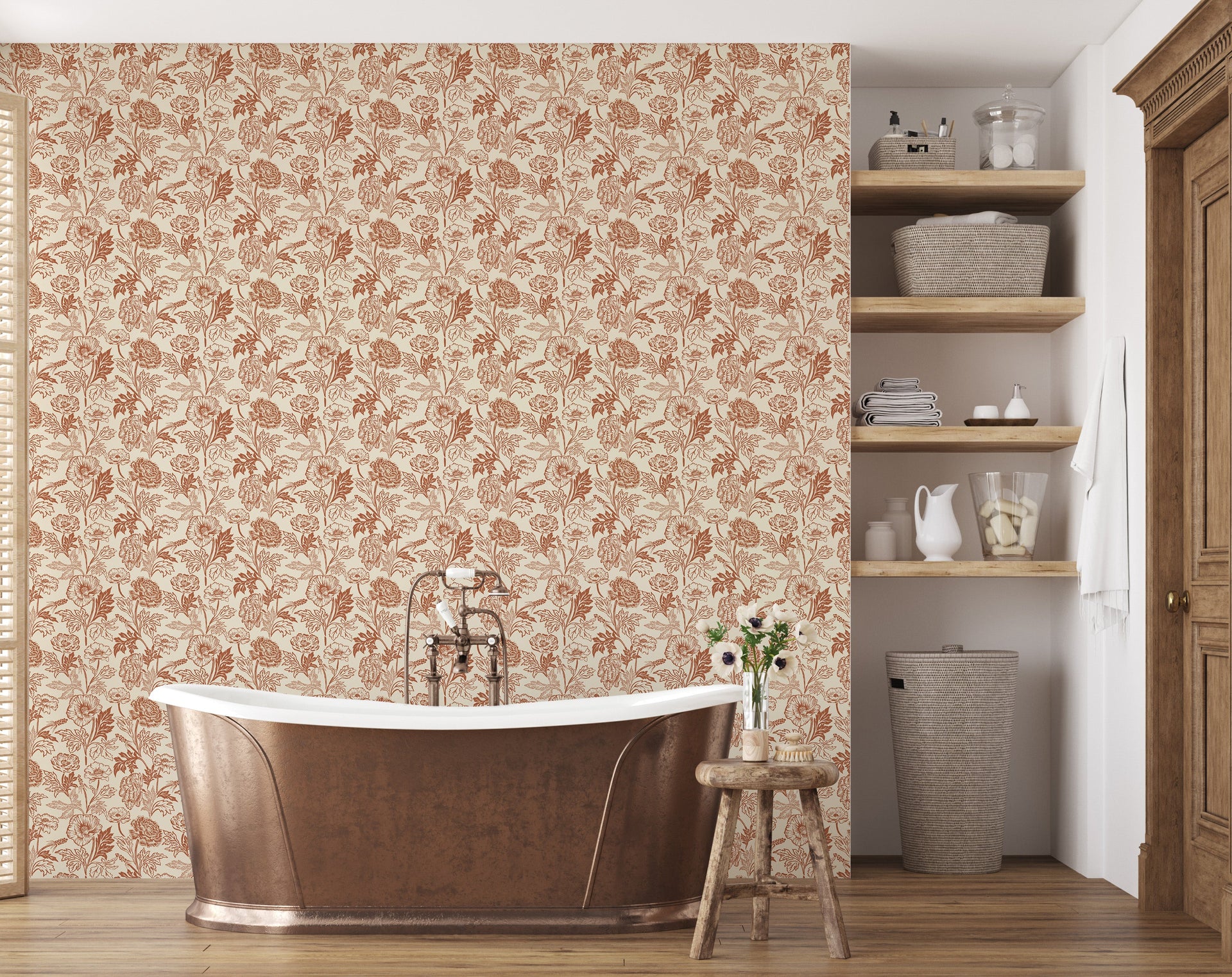 Camila Floral Wallpaper, Dark-Green, Gold and Terracotta