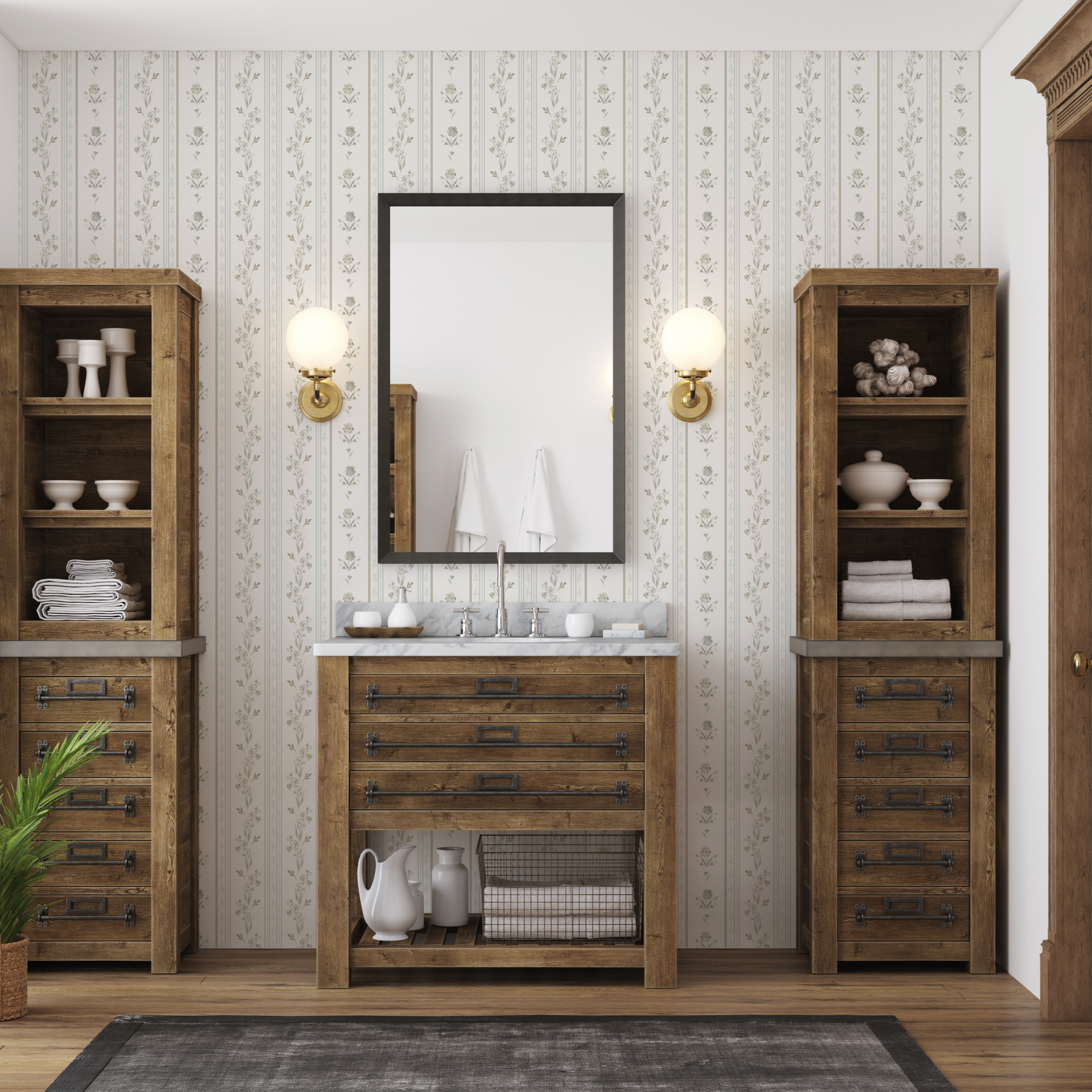 Delphine floral wallpaper in white, sage-green, and slate-blue