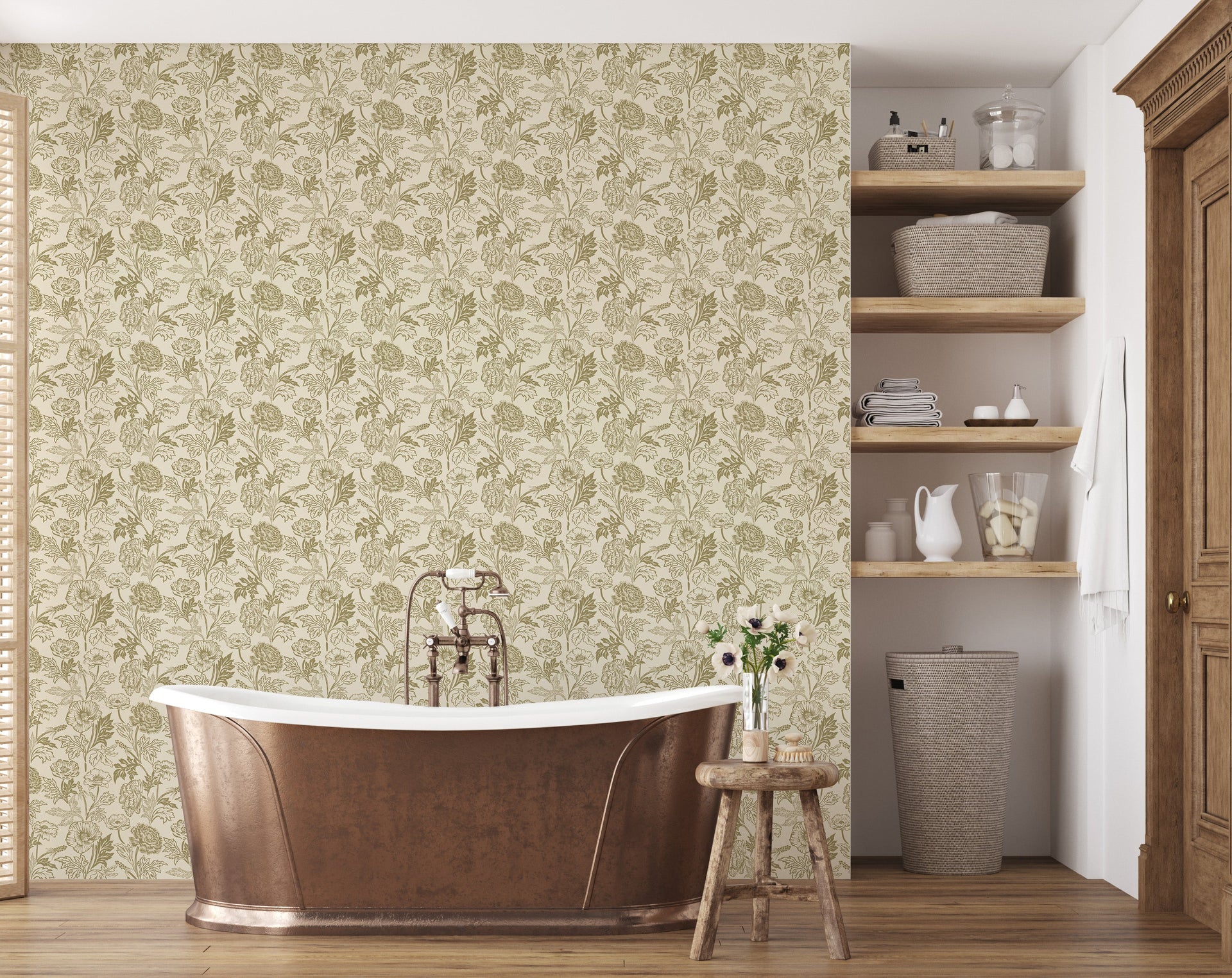 Camila Floral Wallpaper, Dark-Green, Gold and Terracotta