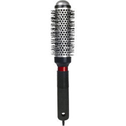 1-1/4 inch round thermal hair brush with tourmaline ionic bristles and a suede-like handle.
