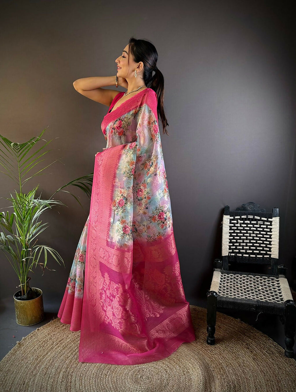 Pink Banarasi Silk Saree with Elegant Floral Motifs & Blouse