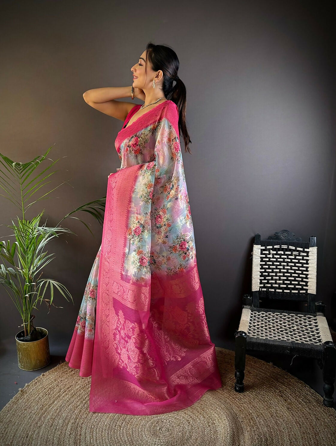 Pink Banarasi Silk Saree with Elegant Floral Motifs & Blouse