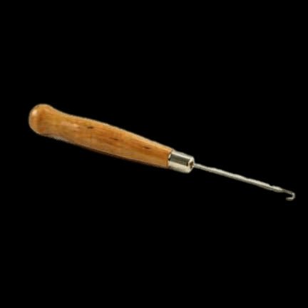 Premium crochet needle with a brown wooden handle and silver hook for fiber crafts.